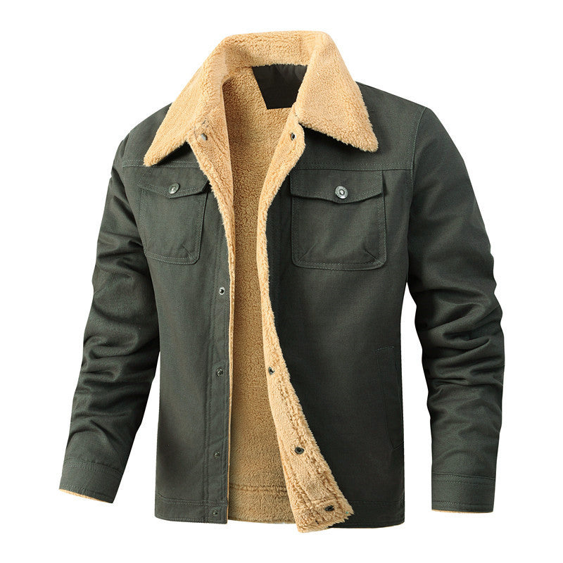 Herr casual Sherpa-lined Canvas Trucker Jacka med skjortkrage