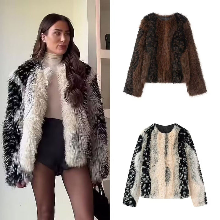 Dam kort skärning Faux Fur jacka med randig Fur Texture