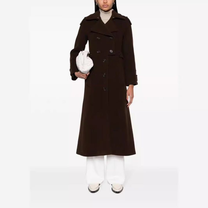 Dam Floor-Length Double-Breasted trenchcoat gjord ullblandning med Shoulder Patches och dold midjebälte