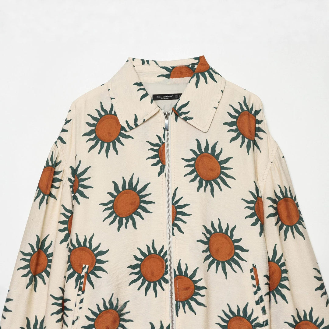 Dam Printed Boxig Blouson Jacka med Dragkedja och Drawstring Waist