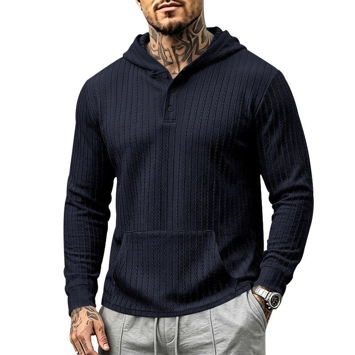 Herr Strukturerad Luvtröja med Henley Krage och Känguruficka