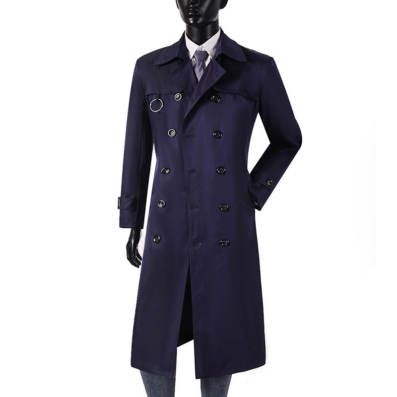 Herr Double-Breasted Trench Kappa med Midja Tailoring, Slagkrage, och Dekorativa Metall Ring