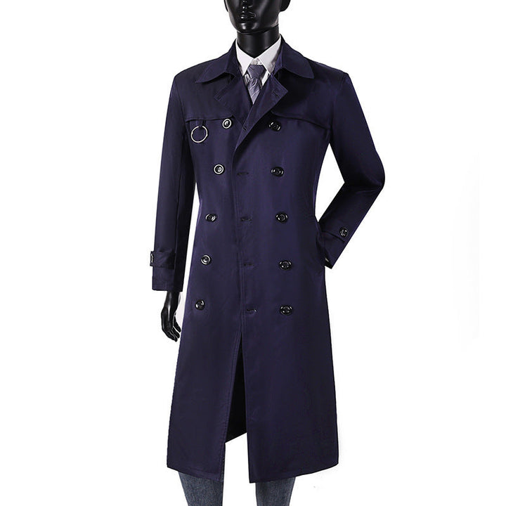 Herr Double-Breasted Trench Kappa med Midja Tailoring, Slagkrage, och Dekorativa Metall Ring