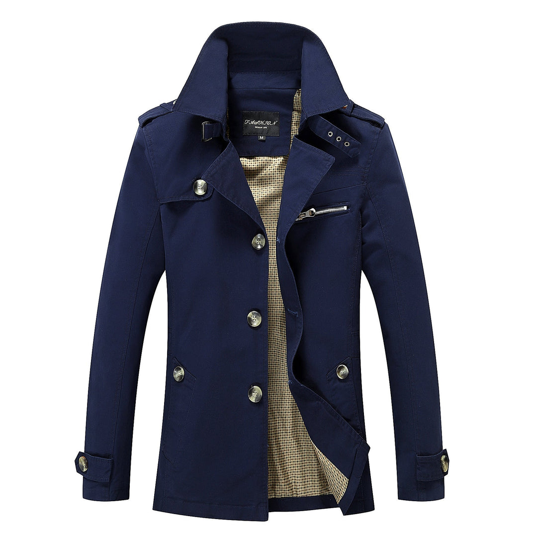 Herr Short Trenchcoat med Axel Patches, Midja Belt och Randig Foder