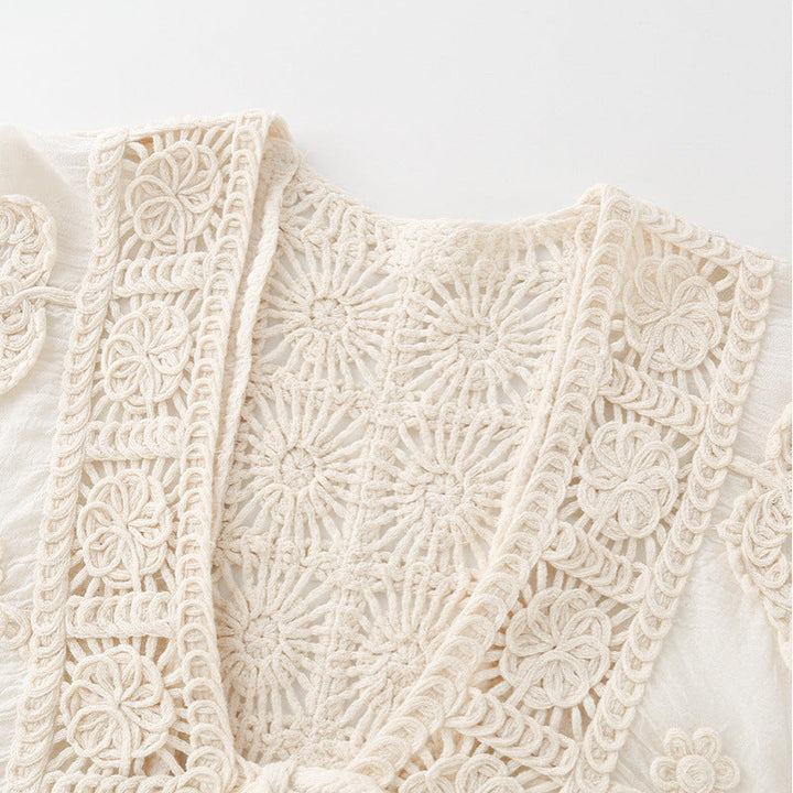 Dam Boho Crochet Lace Jacka med V-Neck och Tie