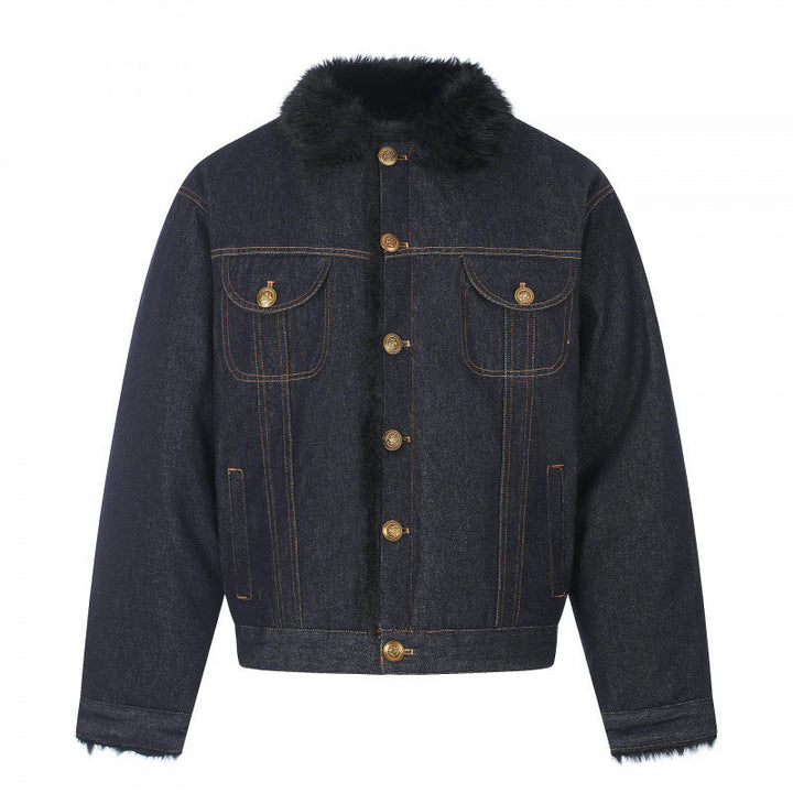 Herr short-cut denimjacka med fusk päls krage och teddyfoder look