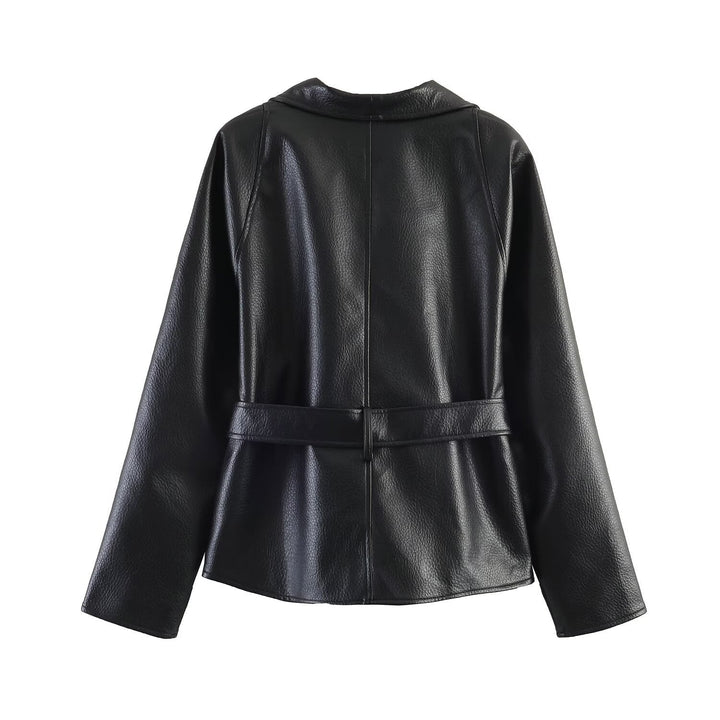 Dam Läderlook Wrap Jacka med Tie Belt
