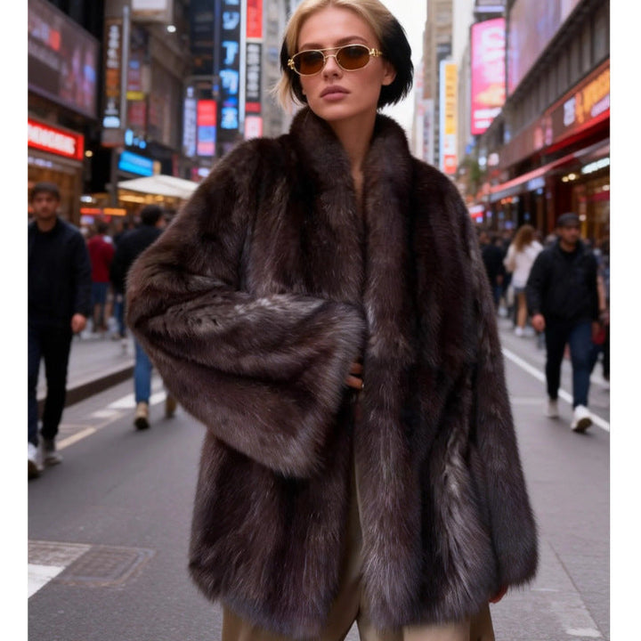 Dam kort skärning Faux Fur kappa med Shawl krage och Straight skärning