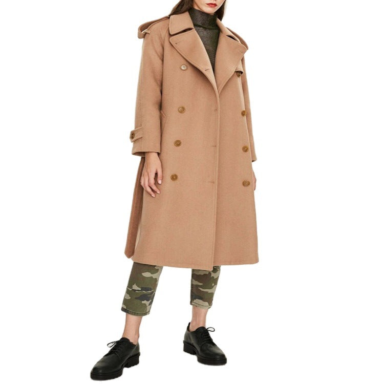 Dam Mid-Length Double-Breasted ullblandning trenchcoat med Epaulettes och bälte