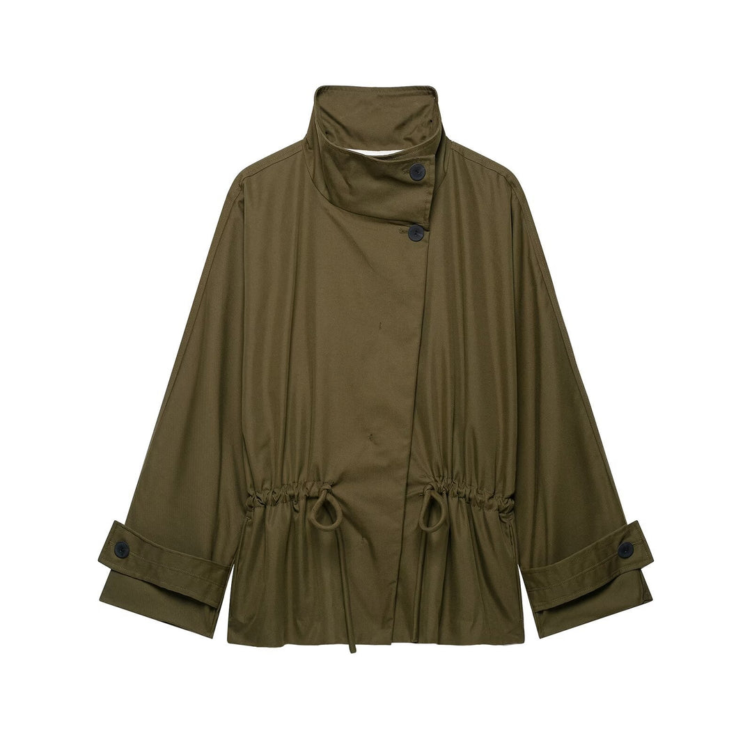 Dam Kort Utility Cape Jacka med Drawstring, Hög Stå Krage och Justerbar Ärm Straps
