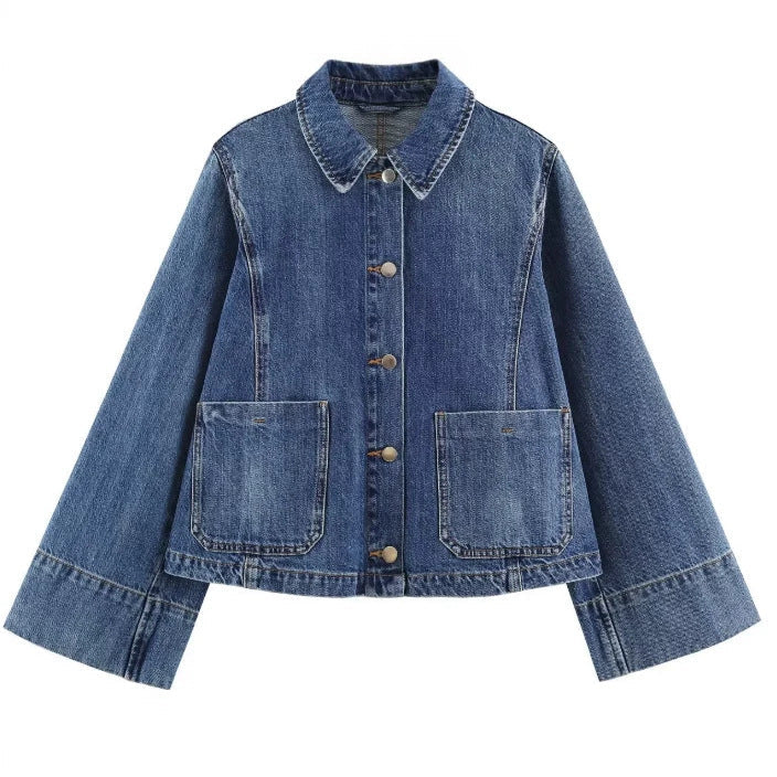 Dam Kort Boxig Jeans Jacka med Oversize Muddar och Patch Fickor