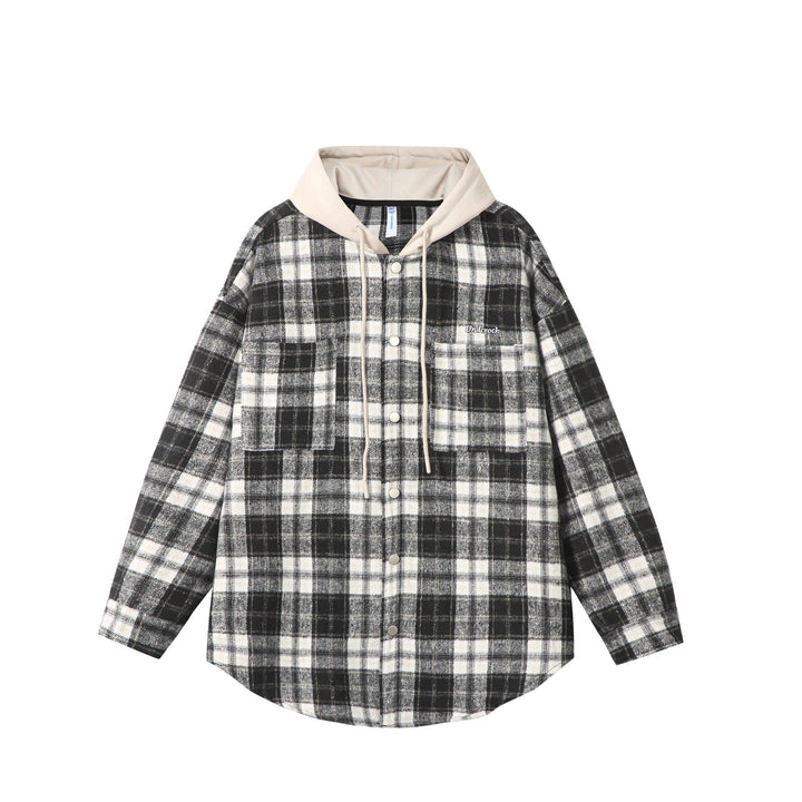Unisex Oversized Check Skjorta Jacka med Huva, Tryckknapp Knappar och Bröstficka