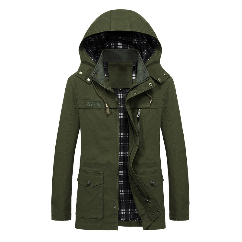 Herr Fält Parka i Urban Utility Stil med Rutig Inre Foder, Uttagbar Huva, och Multifunction Fickor