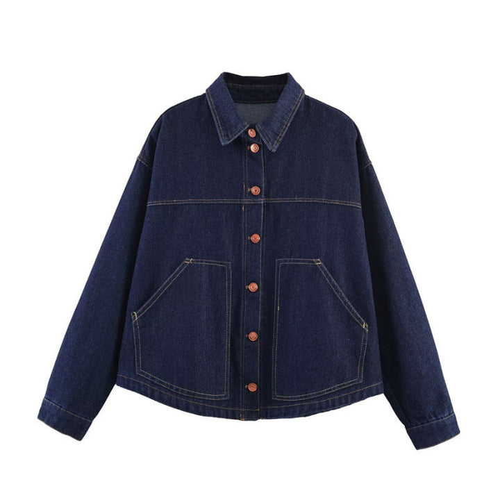 Dam Oversized Denim Jacka med Boxig Kort Skärning, Utanpåfickor och Contrast Stitching