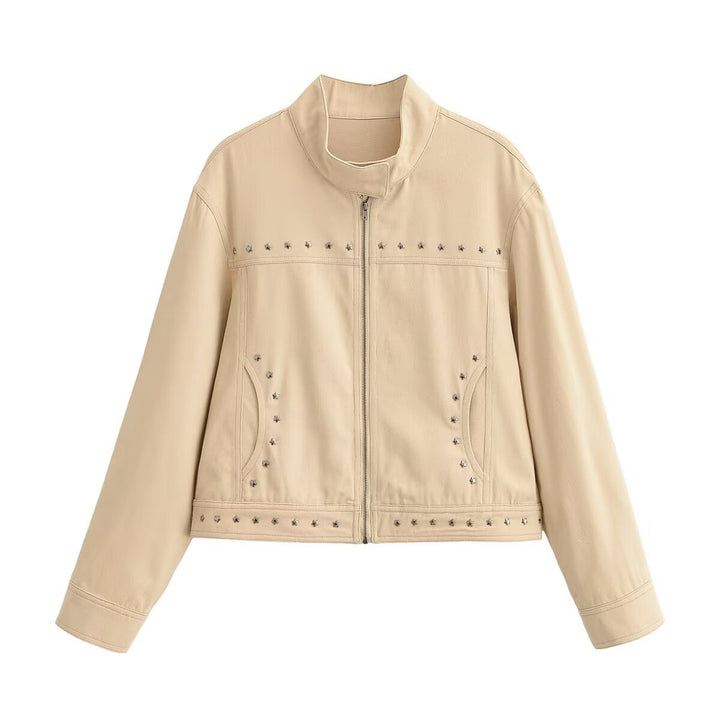 Dam Kort Blouson i Vegansk Läderlook med Stå Krage och Stud Embellishment