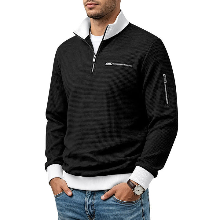 Herr Waffle-Stickad Turtleneck med Contrast Krage, Zippered Bröstficka och Ärmficka