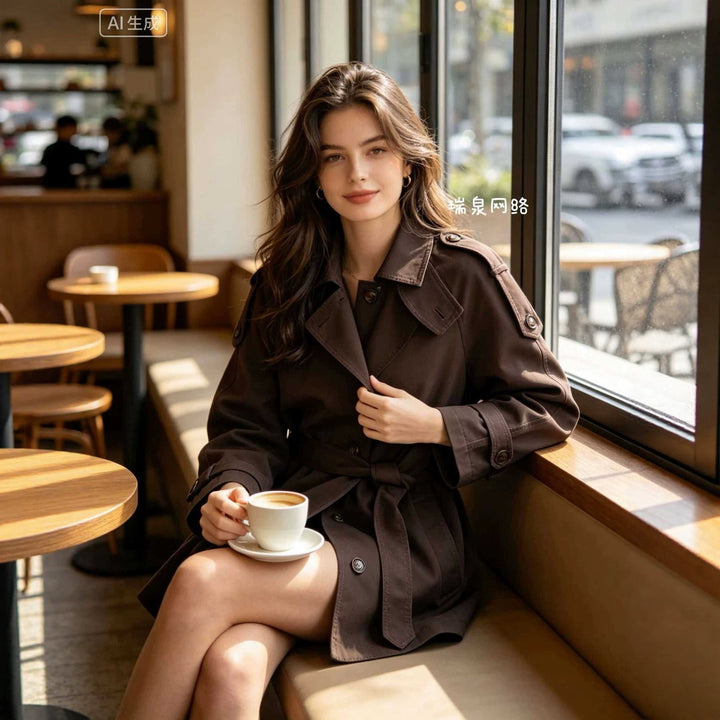 Dam Kort Cape Trench med Belt och Epaulettes