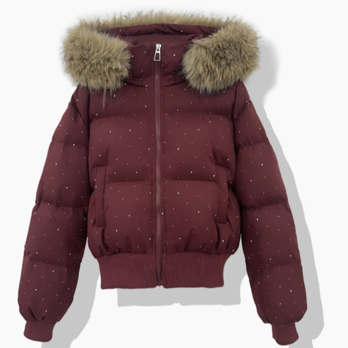 Dam kort quiltad puffer blouse med fine rhinestone embellishment, detachable huva med fuskpäls och elastisk fåll
