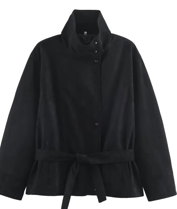 Dam Suede Look Jacka med Hög Stå Krage och Waist Belt
