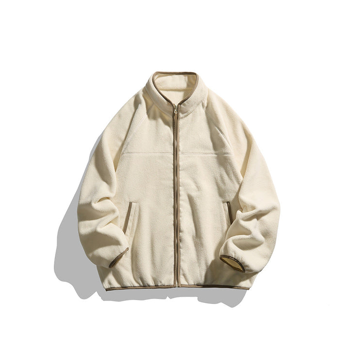 Unisex Oversized Fleece Jacka med Ståkrage, Hel-Length Dragkedja, och Contrast Piping