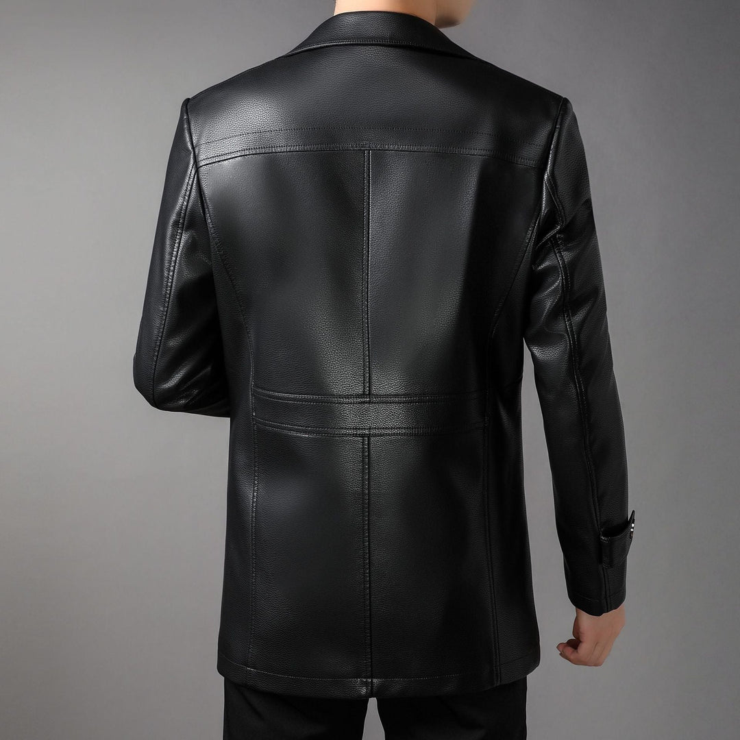 Herr Long Läder Rock med Lapel Krage och Bröst Zip