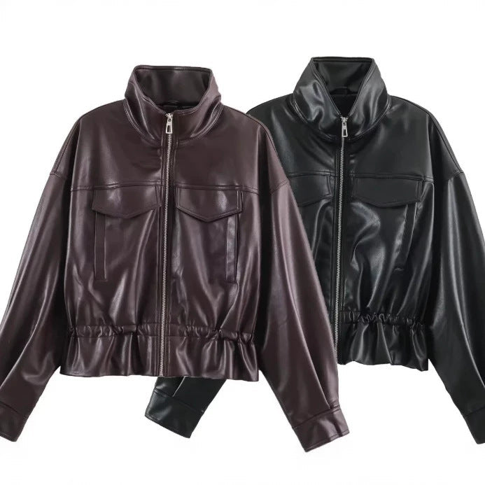 Dam Kort Faux Läder Blouson med Stå Krage, Lock Fickor och Drawstring Waist