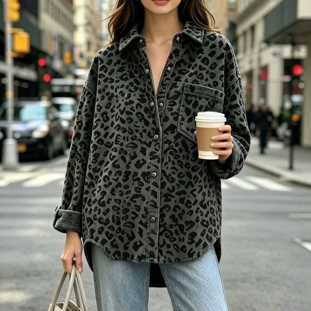 Dam Oversized Cord Skjorta Jacka med Leopardmönster och Tryckknapp Knappar