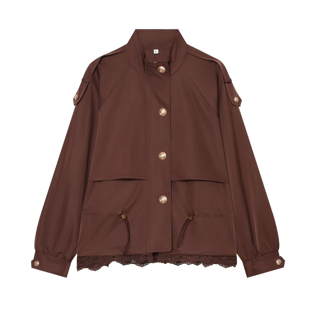 Dam lätt field jacka med dragsko, ståkrage, epaulettes, och lace trim
