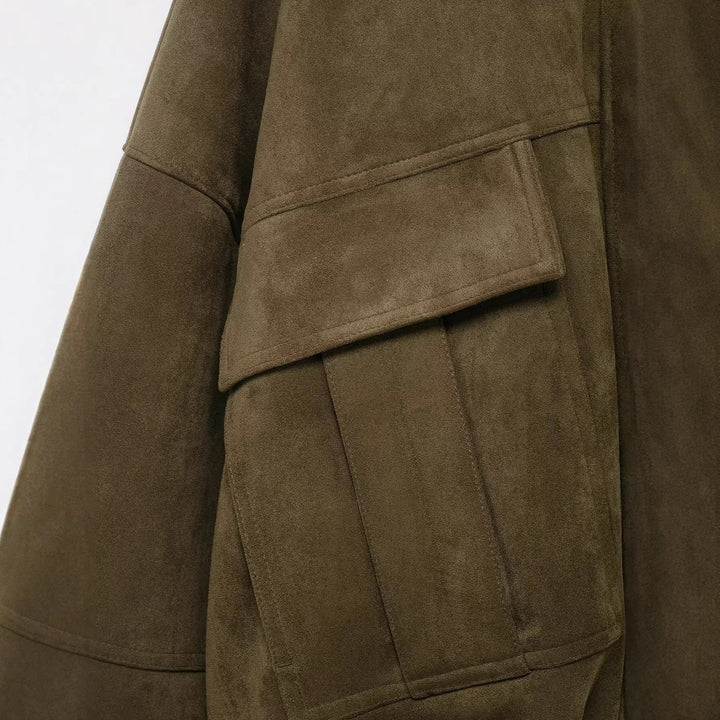 Dam oversize-kort mocka look jacka med huva och Flap fickor