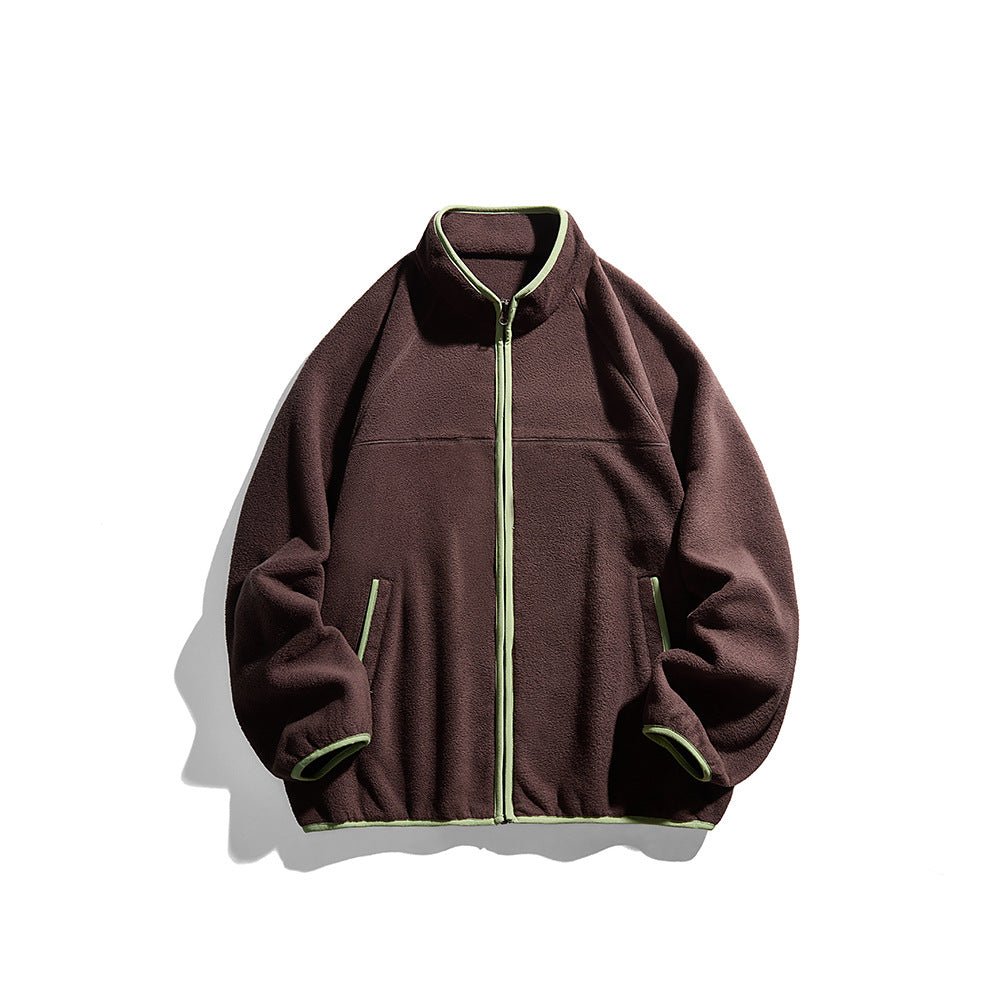 Unisex Oversized Fleece Jacka med Ståkrage, Hel-Length Dragkedja, och Contrast Piping