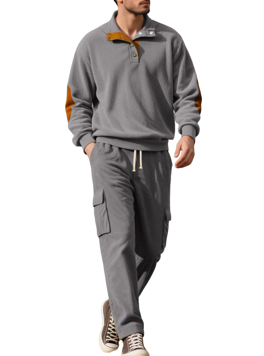 Herr Strukturerad Turtleneck Pullover med Ståkrage, Press Stud Slå, och Velour Elbow Lappar