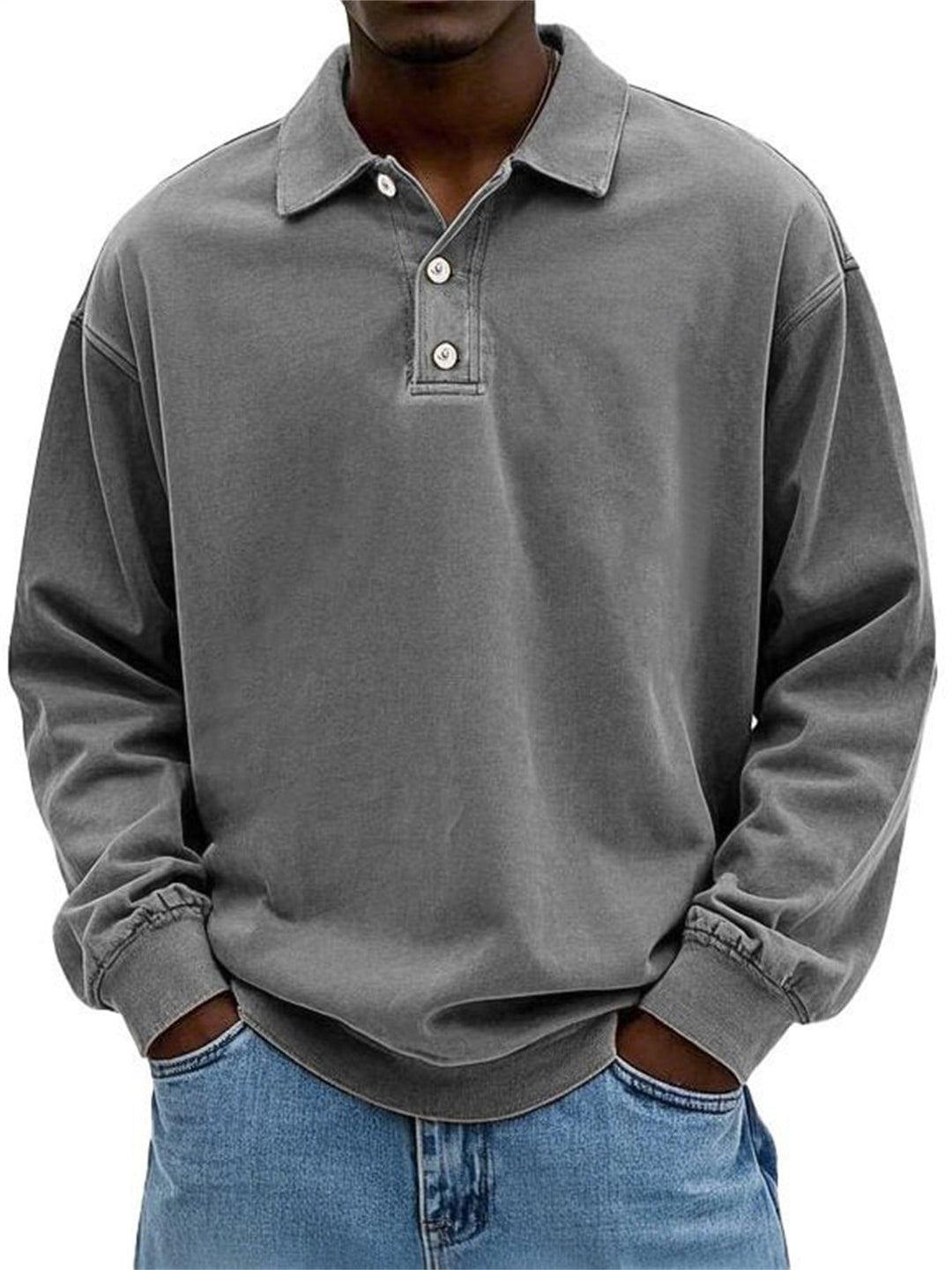 Herr Oversized Denim Look Polo College-Tröja med Kort Knapplist och Elastiska Muddar EB