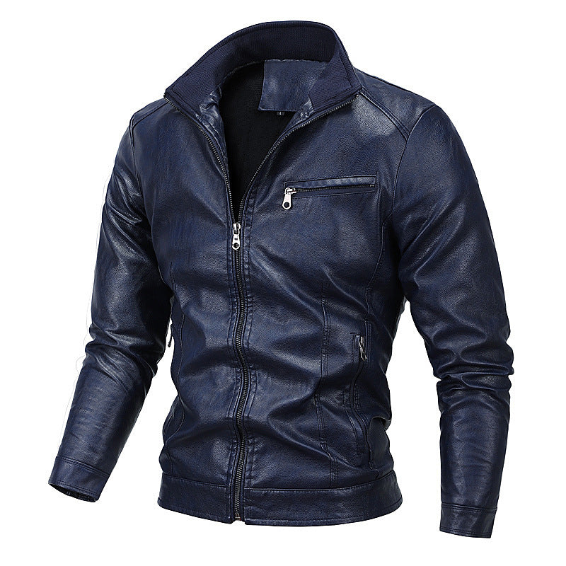 Herr Moto Blouson i Läder Look med en Figurnära Skärning, Stående Krage och Zip Fickor