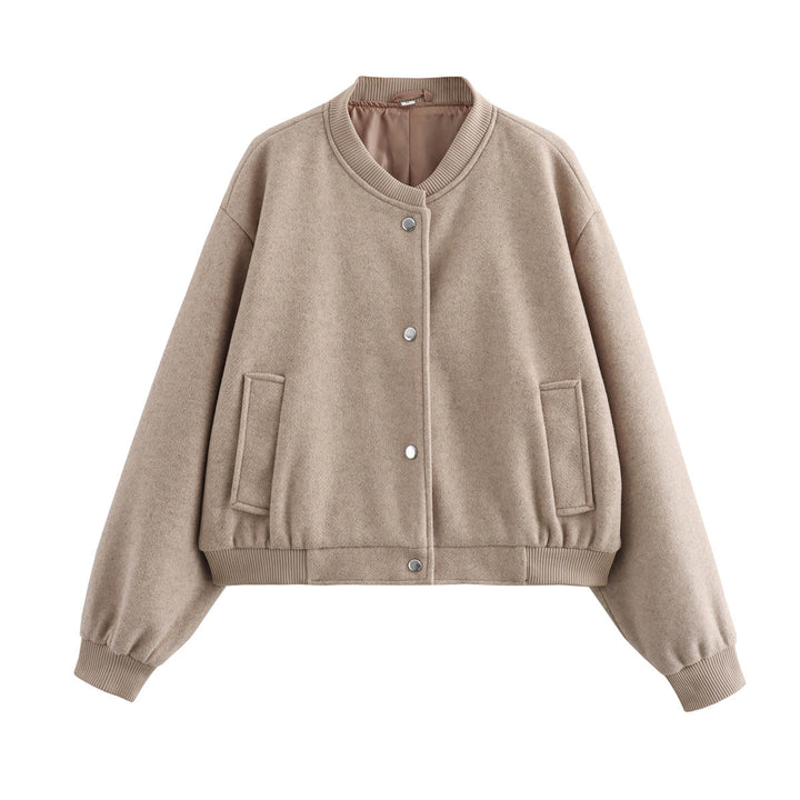 Dam Kort Oversize Collegejacka i Ull Blend med Tryckknapp Knapp Stängning, Side Fickor och Ribbed Muddar