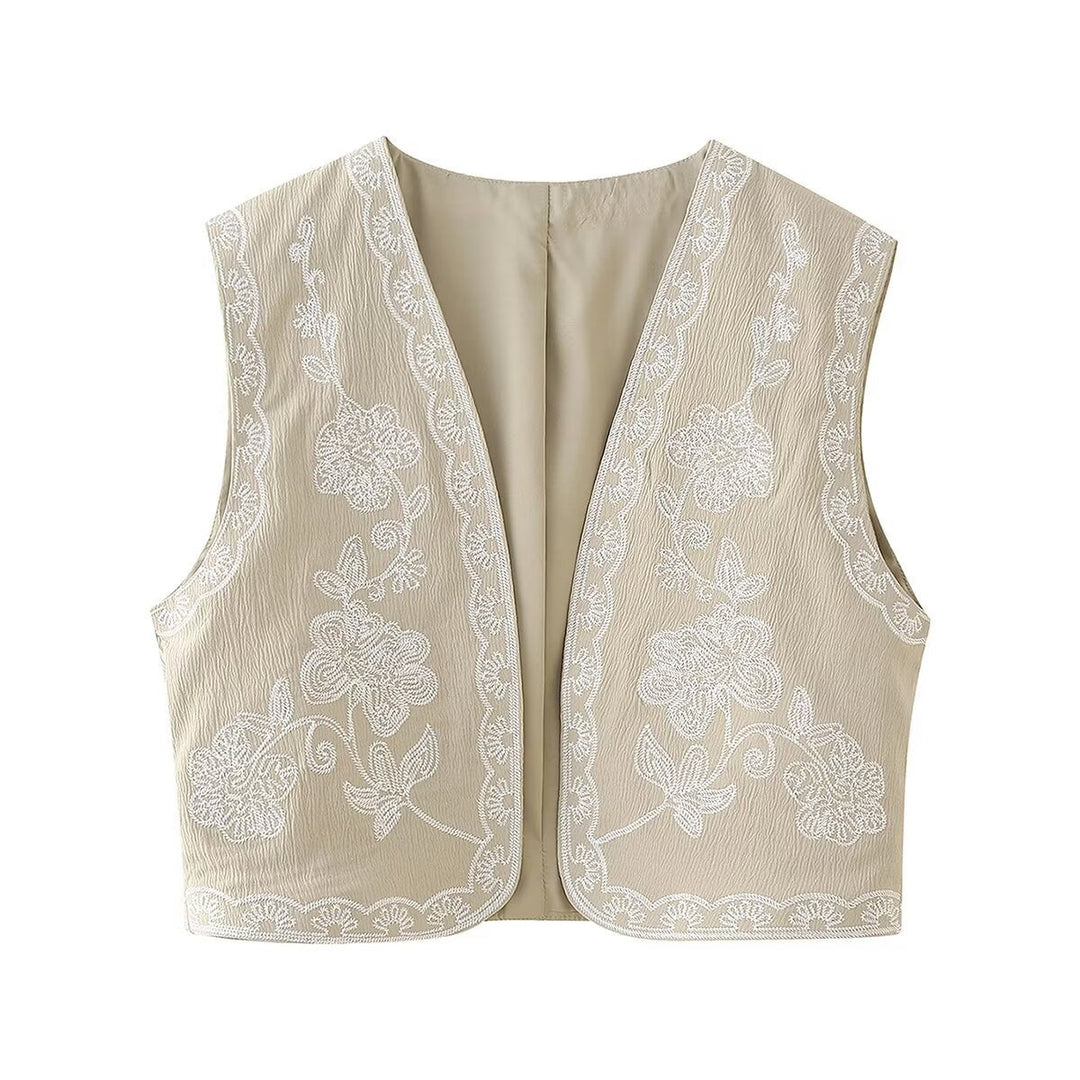 Dam embroidered kort väst med floral embroidery, öppen front och fine fåll decoration