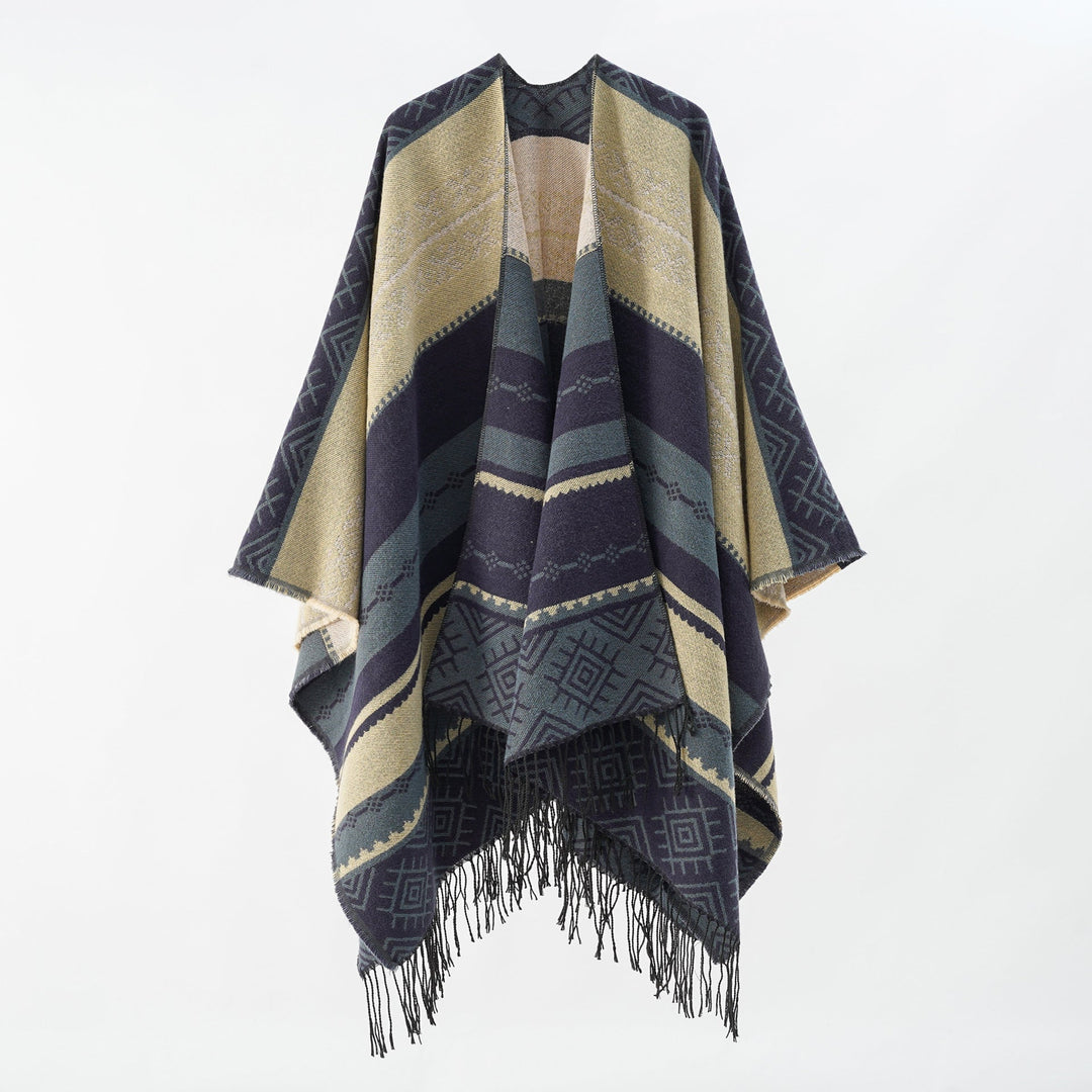 Dam Woven Jacquard poncho med Geometric Ethno mönster och Fringed fåll