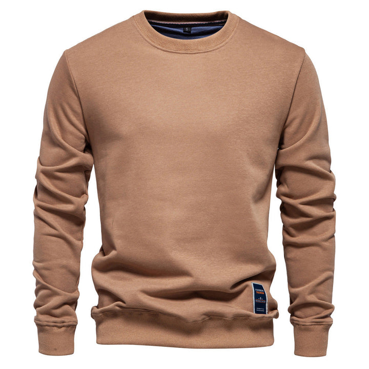 Herr Klassisk Crew Neck College-Tröja Gjord av Kraftig Bomullsblandning med Fleece Inner Side och Ribbstickade Muddar