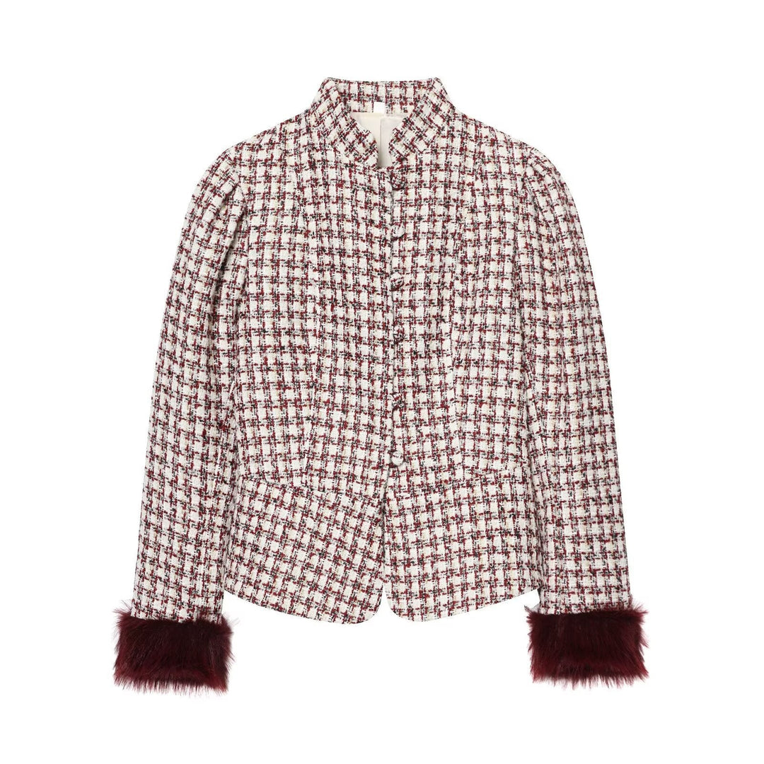 Dam kort jacka gjord boucle tweed med ståkrage och faux fur muddar