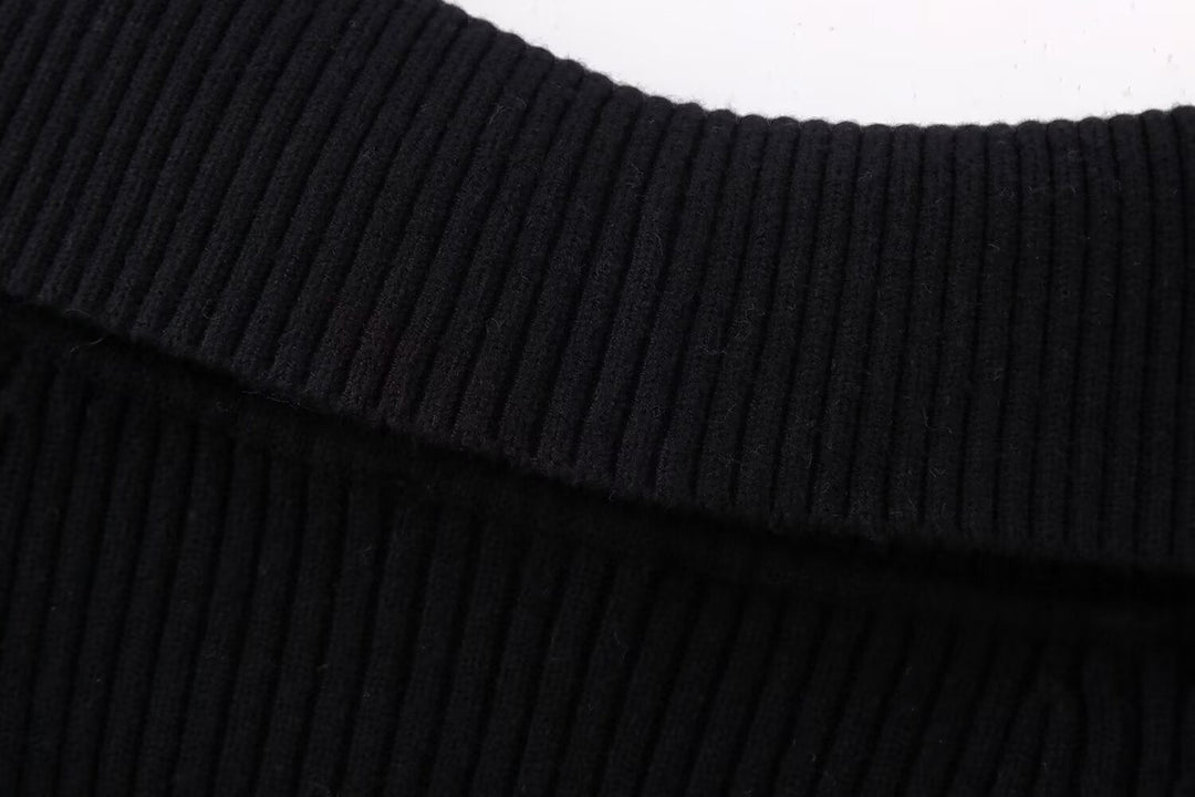 Dam kort skärning Ribbed Knit jacka med vid Off-Shoulder krage och hellång dragkedja