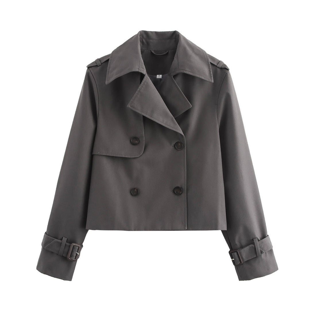 Dam kort skärning double-breasted trenchcoat med axel straps och adjustable cuffs