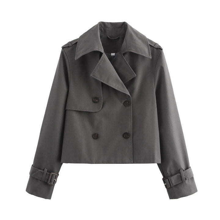 Dam kort skärning double-breasted trenchcoat med axel straps och adjustable cuffs