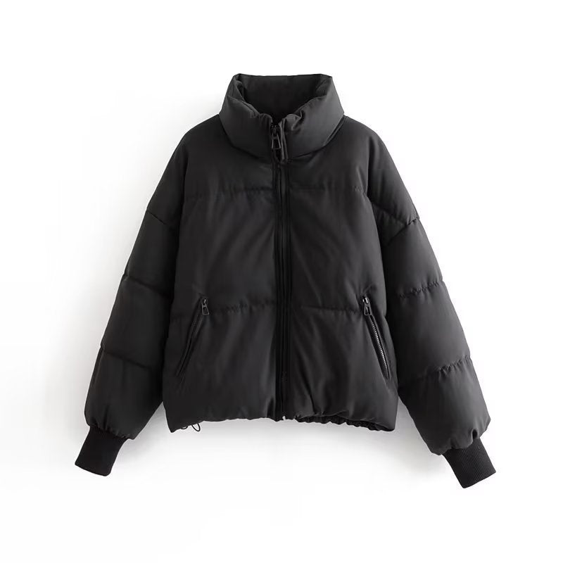 Dam kort kviltad Puffer med hög Standing krage och Ribbed muddar