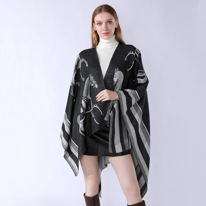 Dam Jacquard Poncho Wrap med Horse Motif och Boxig Kimono Silhuett