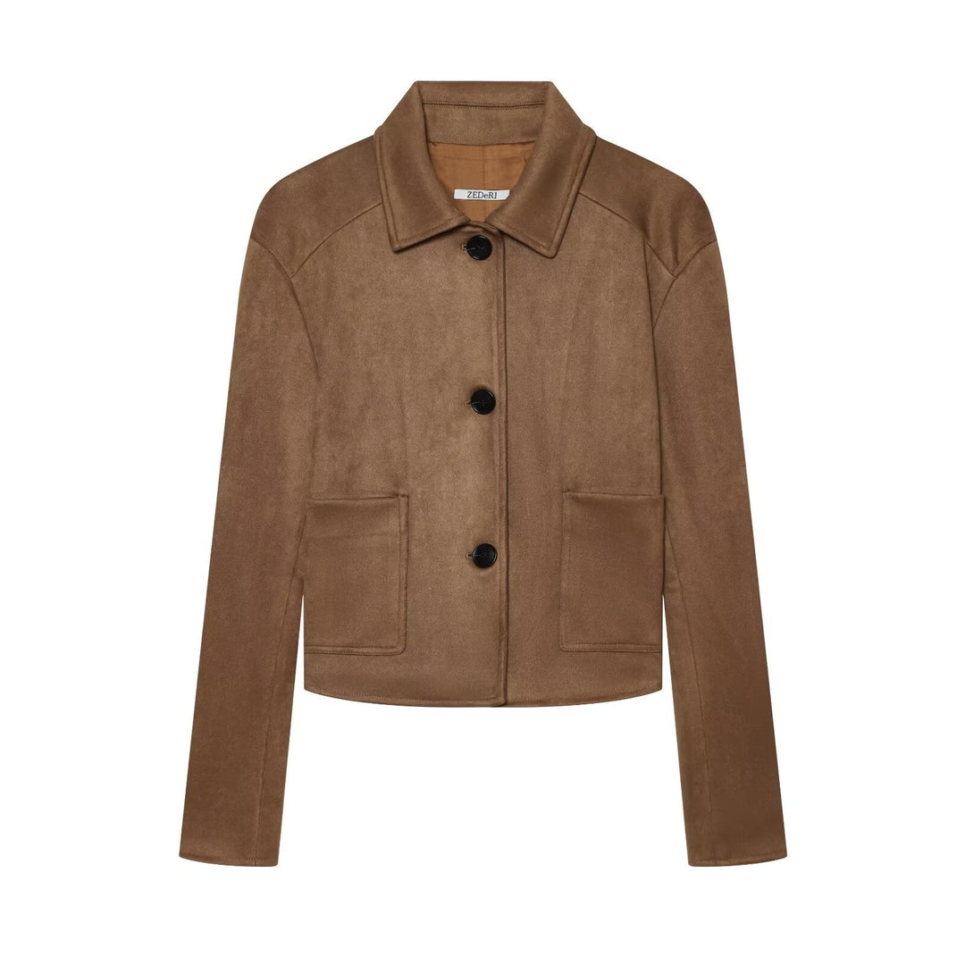 Dam Kort Skärning Suede Blazer med Skjort Krage och Patch Fickor