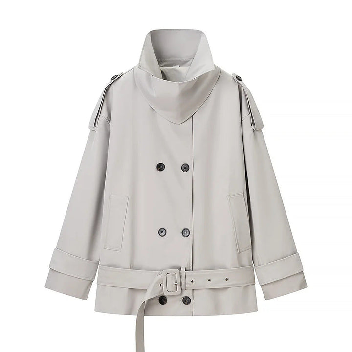 Dam kort skärning double-breasted trenchcoat med midjebälte och high ståkrage
