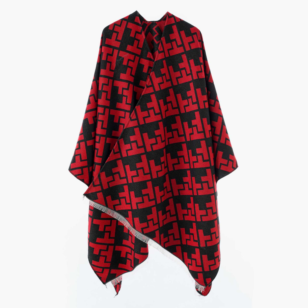 Dam Oversize Cape med Geometric Jacquard och fransfåll