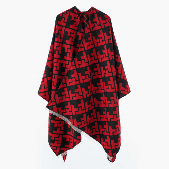 Dam Oversize Cape med Geometric Jacquard och fransfåll