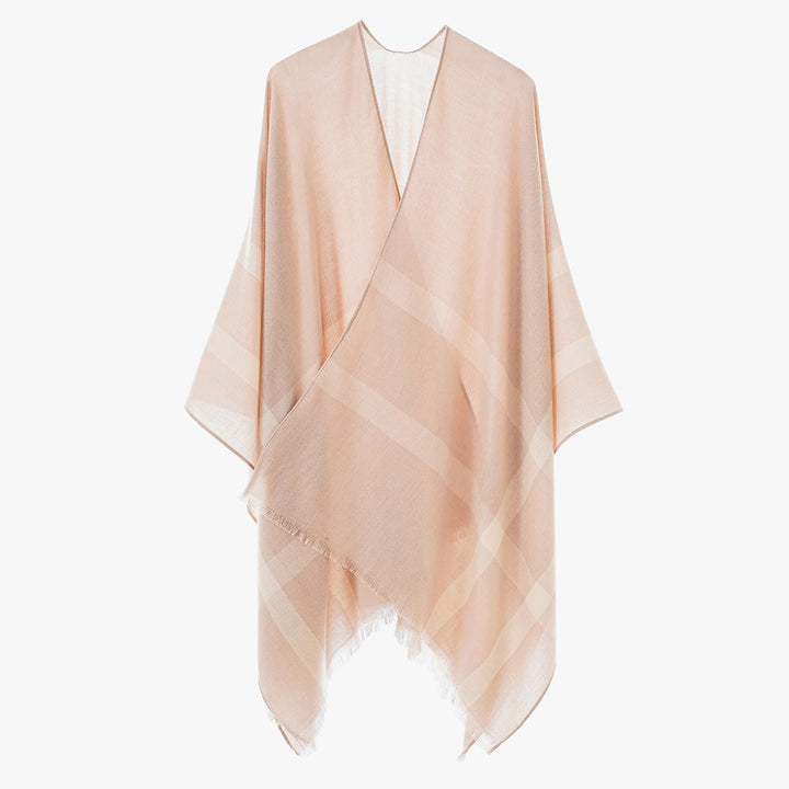 Dam lätt V-Neck poncho tillverkad av fine tyg med diagonal kontrast stripes