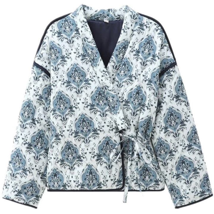 Dam vadderad kimono jacka med midjebälte och ornamental tryck