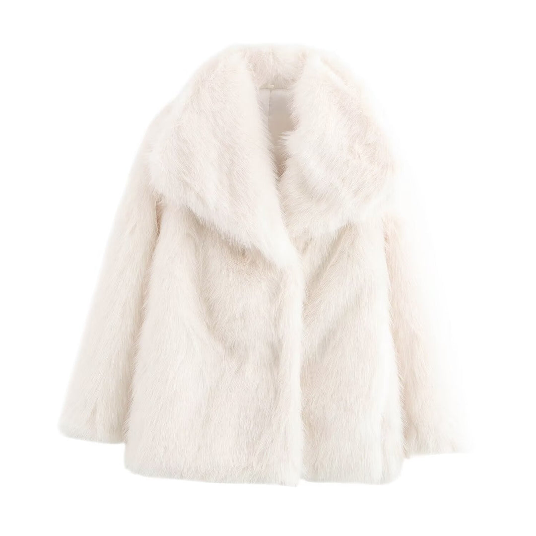 Dam Kort-Skärning Faux-Fur Kappa med Voluminous Sjalrakrage och Straight Skärning